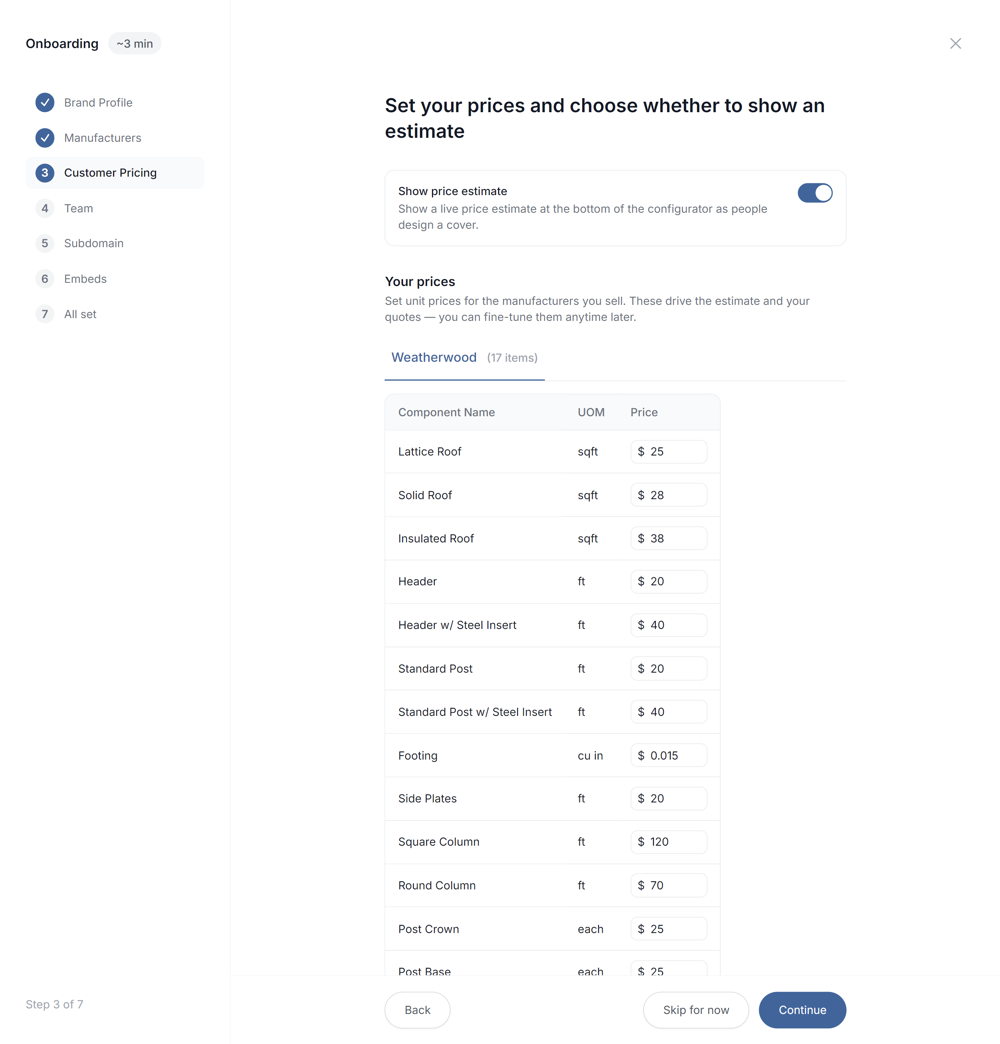 Set your prices and choose whether to show an estimate