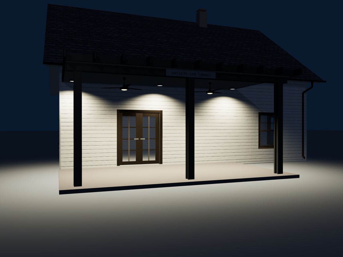 A patio cover in Patio3D night mode, lit by two ceiling fans and six lights