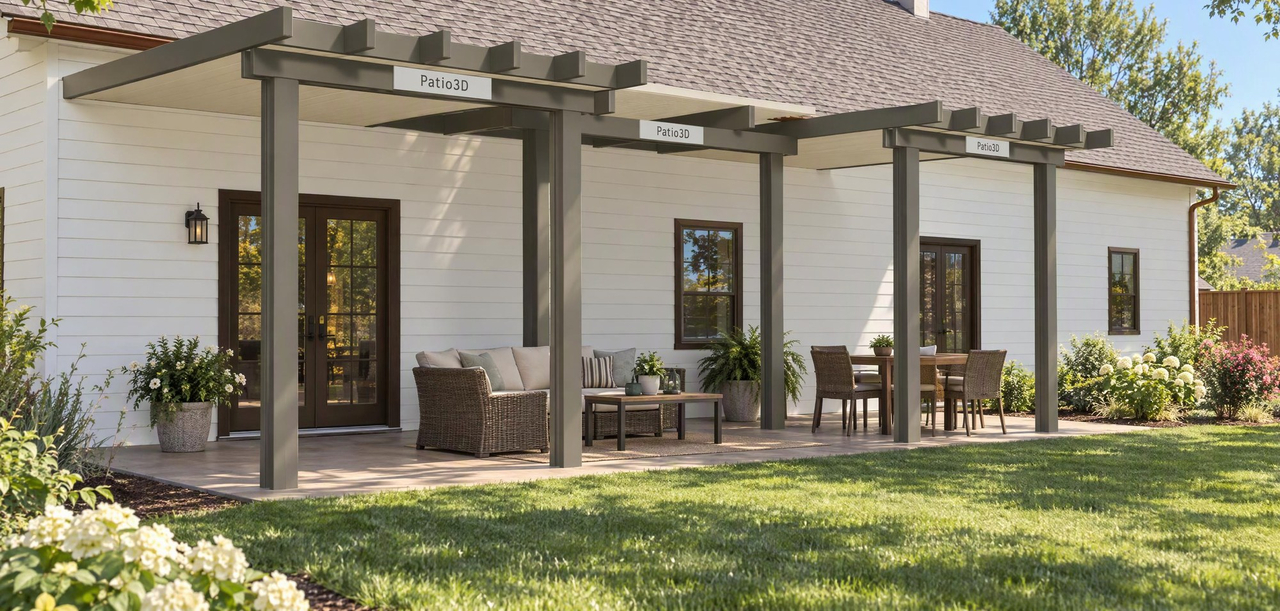 A realistic AI image of the same U-shaped patio cover in a sunny backyard