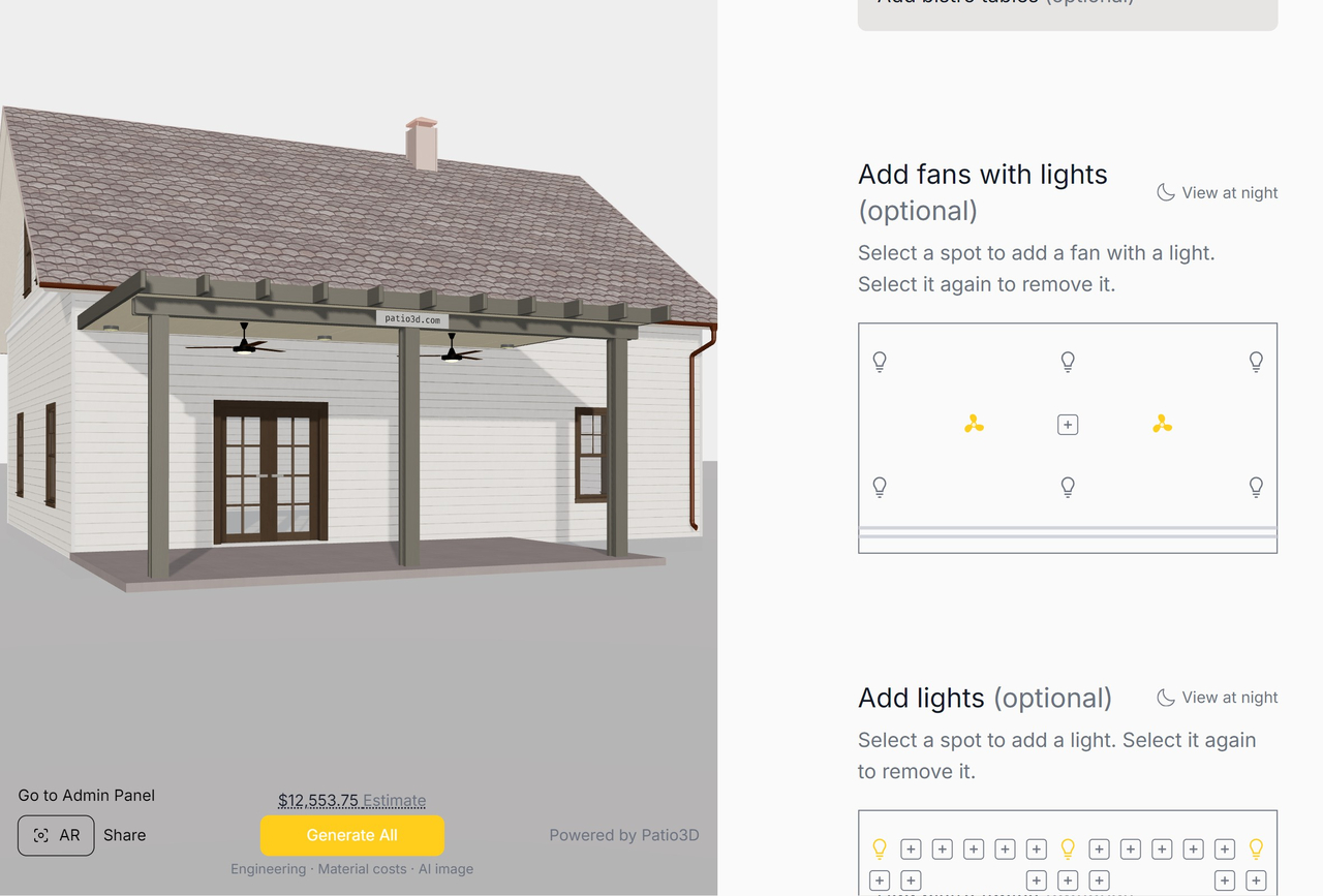 The Patio3D fan and light placement plan next to the 3D view of the patio cover
