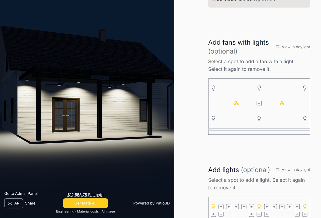 Patio3D in night mode, showing a lit patio cover with two ceiling fans and six lights