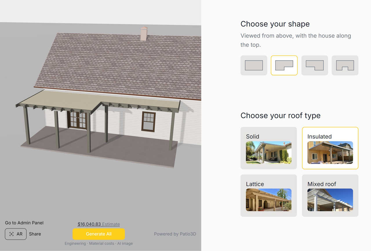 An L-shaped insulated patio cover in Patio3D, 12 ft deep on the left and 6 ft deep on the right