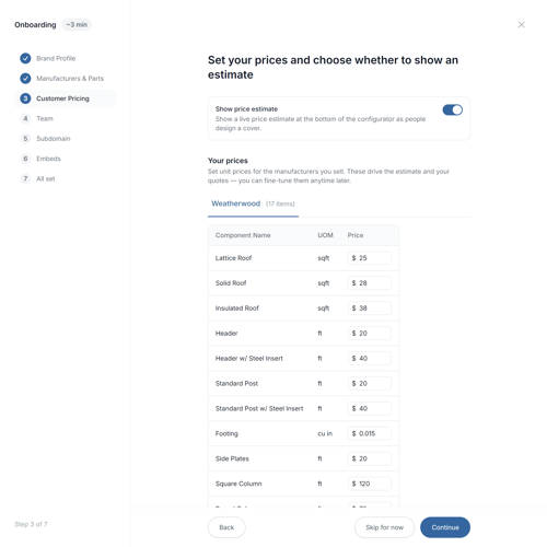 Set your prices and choose whether to show an estimate
