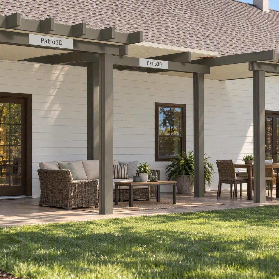 A realistic AI image of the same U-shaped patio cover in a sunny backyard