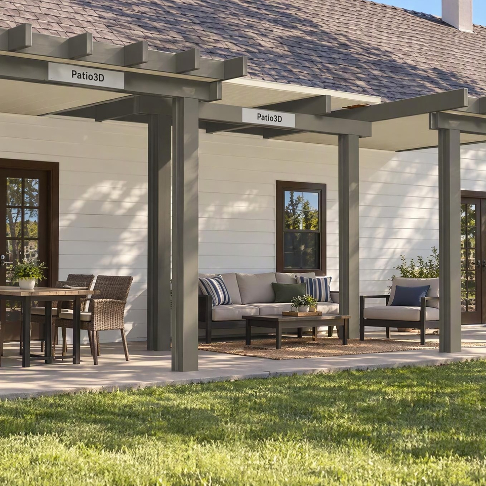 A realistic AI image of the same U-shaped patio cover in a sunny backyard
